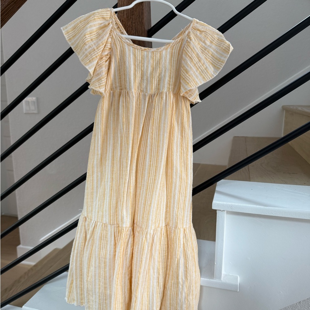 Girls Soft Yellow Striped Flutter-Sleeve Dress